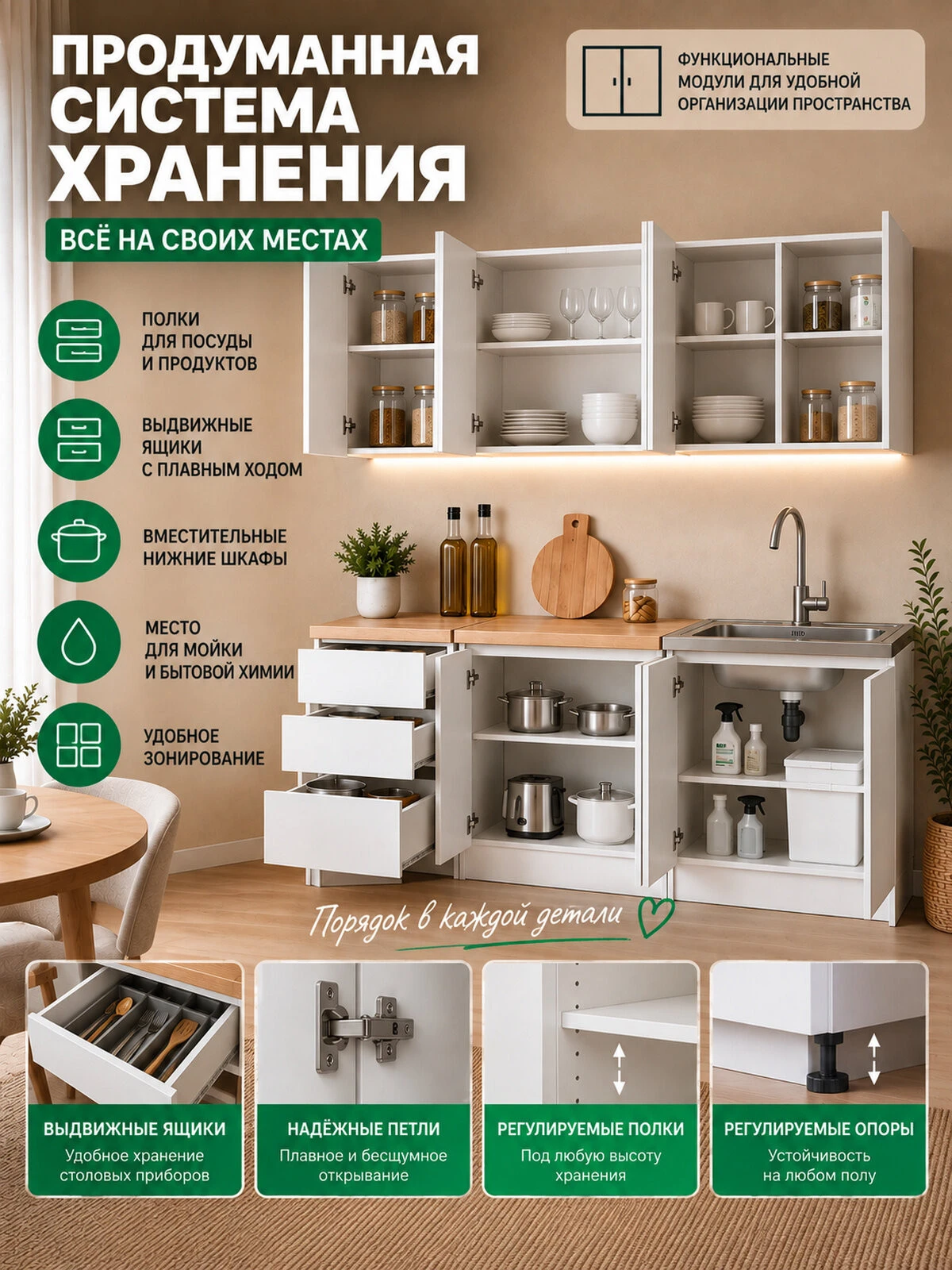 Кухонный гарнитур 2м со столешницей, 200х60х210 см, ЛДСП, цвет Белый